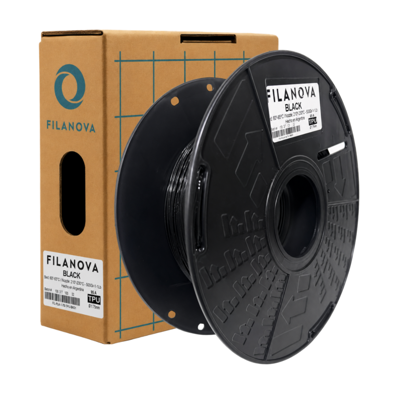 Filanova black filament spool next to its cardboard packaging box with teal branding grid.