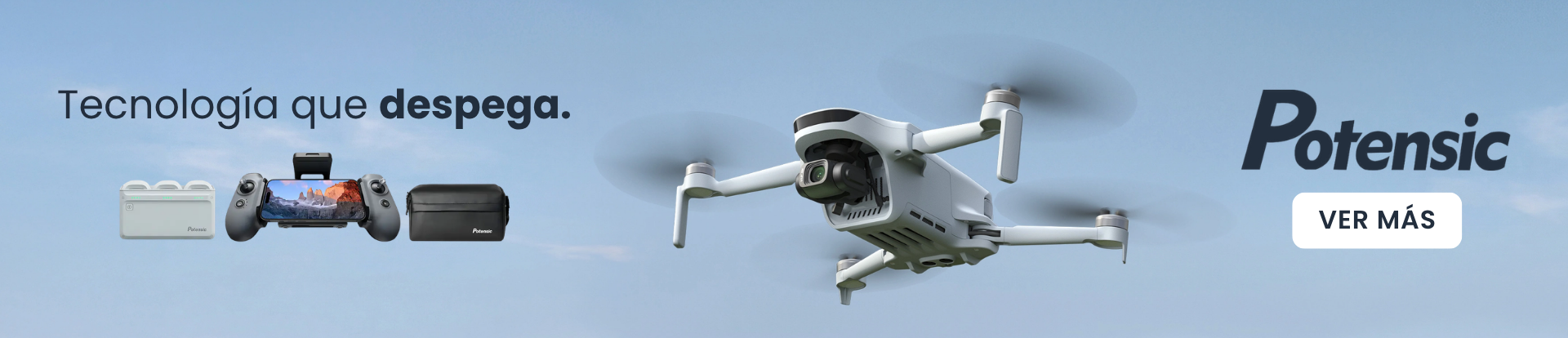 Potensic ad: white quadcopter in flight against a blue sky, with a controller, battery pack, and bag on the left, and the Potensic logo with a white 'VER MÁS' button on the right; headline reads 'Tecnología que despega.'