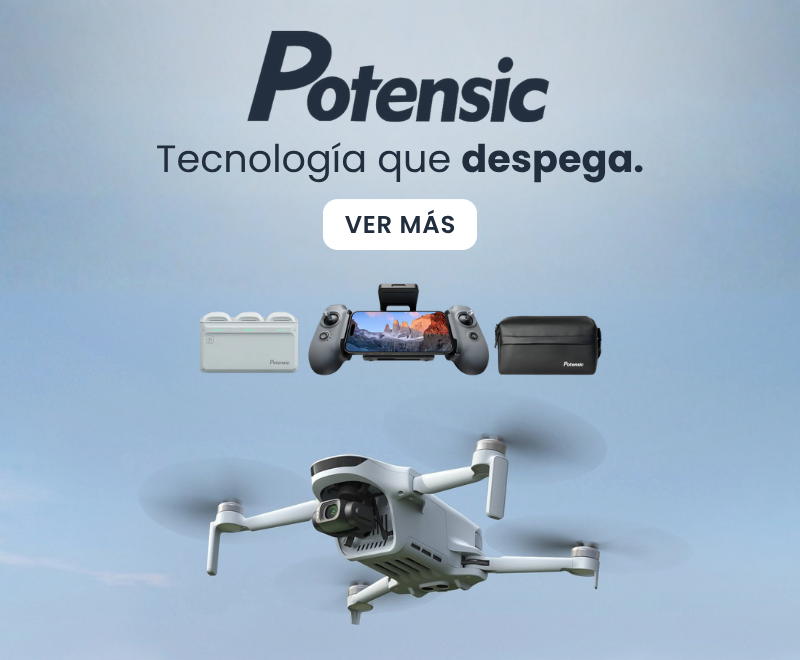 Potensic logo con eslogan 'Tecnología que despega' sobre cielo azul, drone y accesorios bajo el texto 'Ver Más'