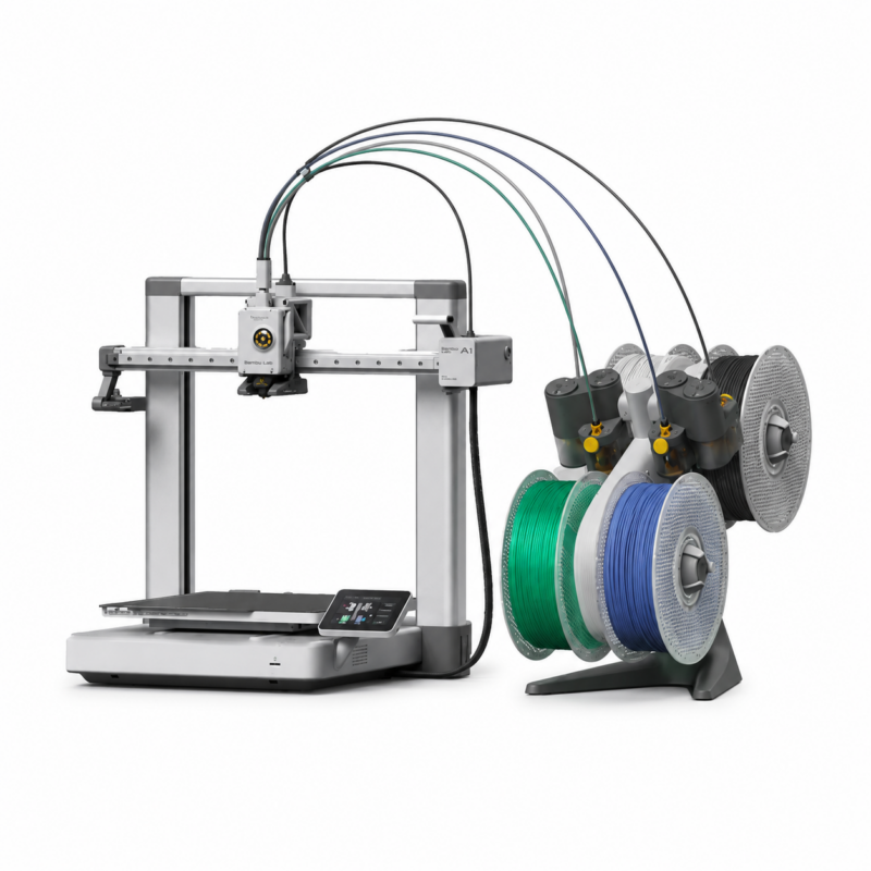 Desktop 3D printer with a horizontal gantry and a spool rack holding multiple filament spools in green, blue, gray, and black colors.